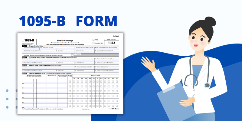 The blank copy of the 1095-B tax form and the image of the woman